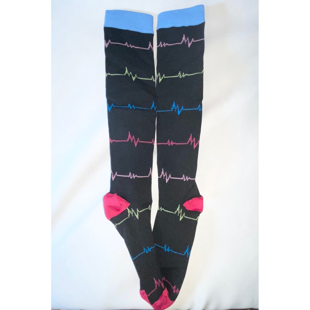 EKG Heartbeat Knee High Compression Socks Black Medical Nurse Pulse Pattern
